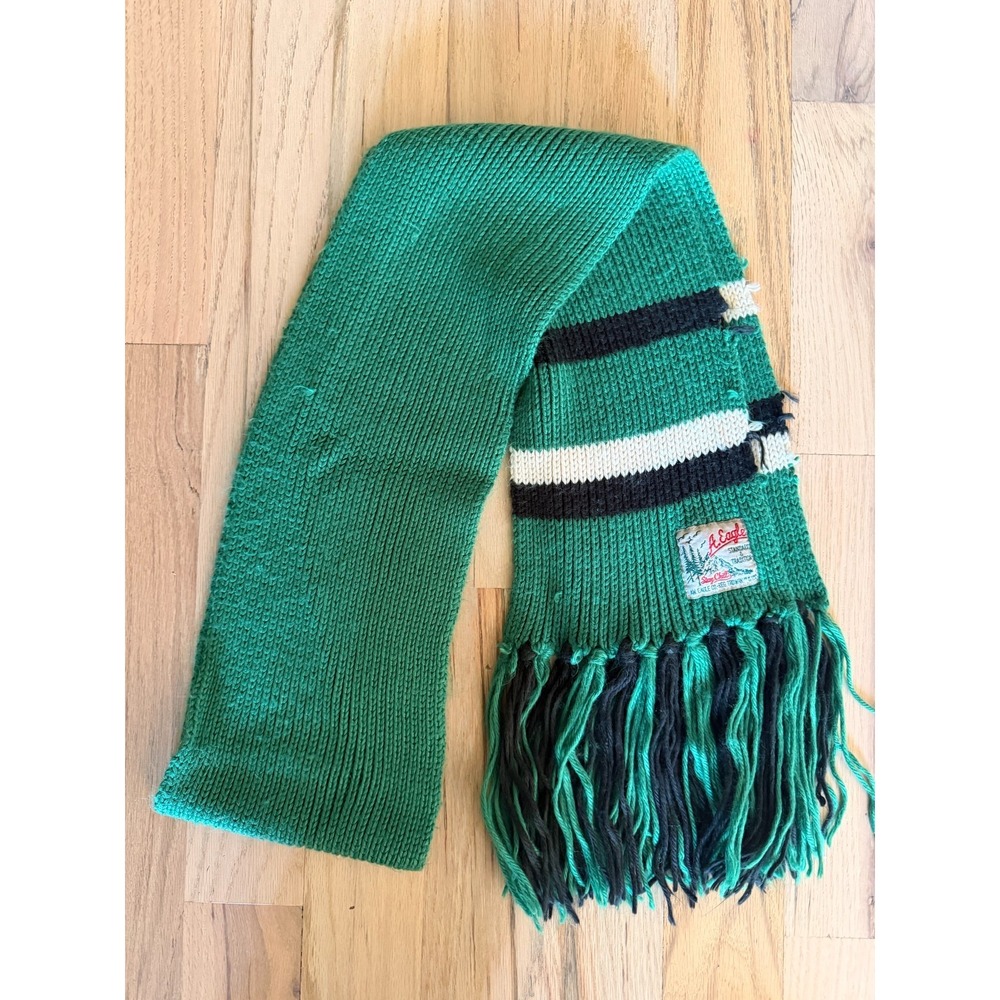 Vintage Y2K American Eagle Knit Fringe Scarf Green Striped A. Eagle Patch Frayed